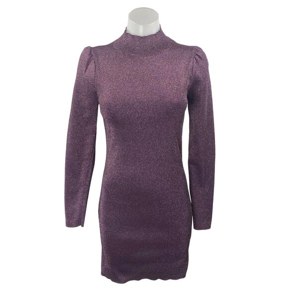 ASTR The Label Purple Metallic Long Puff Sleeve Sweater Mini Bodycon Dress Sz M - Picture 1 of 5